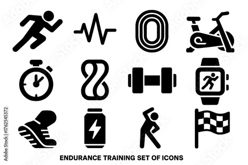 Endurance Training silhouette set: sprinting figure, heart rate line, running track, stationary bike, timer, resistance band, dumbbell, sports watch, stride icon, energy drink,