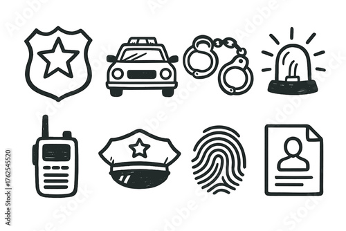 Law Enforcement set of icons in doodle hand-drawn vector style: police badge, patrol car, handcuffs, siren light, radio, police hat, fingerprint, arrest file.
