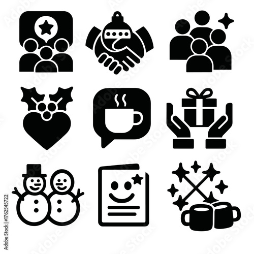 Holiday Community Building silhouette set: festive group chat, ornament handshake, snowflake badge, merry meetup icon, holly heart, cozy conversation bubble, gift exchange, wreath
