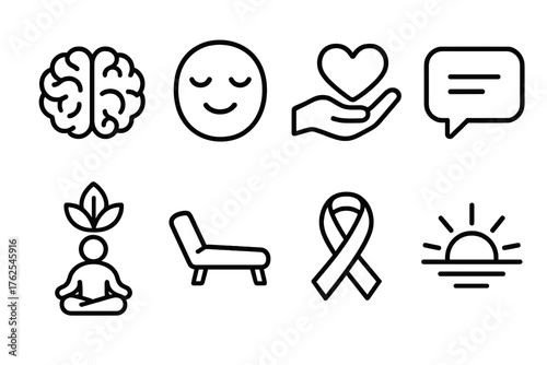 Mental Health outline icon set: brain icon, calm face, heart in hand, chat bubble, mindfulness leaf, therapy couch, support ribbon, sunrise icon.