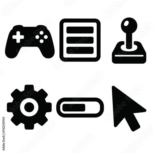 Gaming Interfaces silhouette set: controller, menu screen, joystick, settings gear, progress bar, cursor.