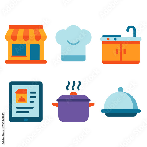 Restaurant Partners flat icons: storefront icon, chef hat, kitchen counter, tablet order, cooking pot, serving tray.