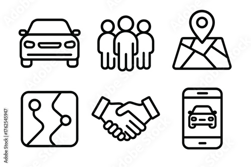 Carpool Service outline icon set: car icon, passenger group, location pin, road map, handshake, app screen.