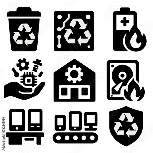 Electronic Recycling Systems silhouette set: e-waste bin icon, circuit board recycling, battery disposal badge, data wipe symbol, parts recovery line, refurbishment center icon,