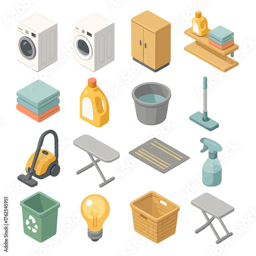 Modern Utility Room set icons in modern isometric flat vector style: washing machine, dryer, cabinet, shelf, towel stack, detergent bottle, bucket, mop, vacuum cleaner, ironing
