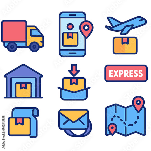 Shipping Options flat icons: cargo truck, parcel tracking, air delivery, express label, warehouse icon, package drop-off, postal service, route map.