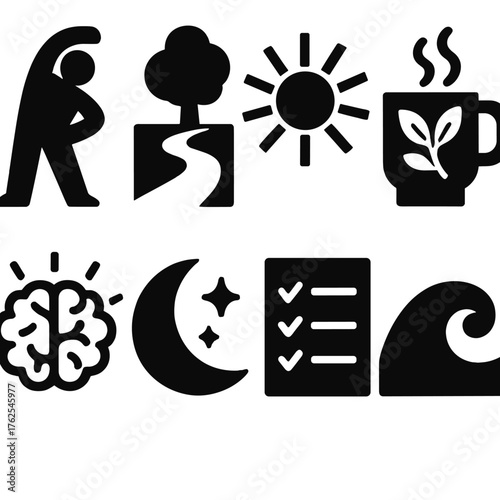 Holistic Routine silhouette set: stretching figure, nature path, sunlight rays, herbal tea, mindful brain, moon for sleep, gratitude list, calm wave.