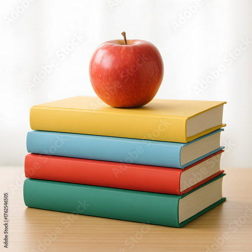 Aptitude's Core: A vibrant apple rests atop a stack of colorful books, symbolizing education, knowledge, and the pursuit of academic excellence.