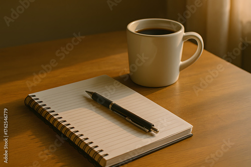Morning Workspace: A serene desk setup with a cup of coffee and notebook. The scene is bathed in the warm morning sunlight.