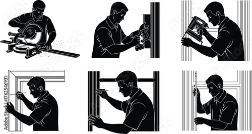 Cabinet assembly illustration, construction worker, power drill, screwdriver use, wall cabinet, safety helmet, carpentry process, furniture installation, repair work, training skills