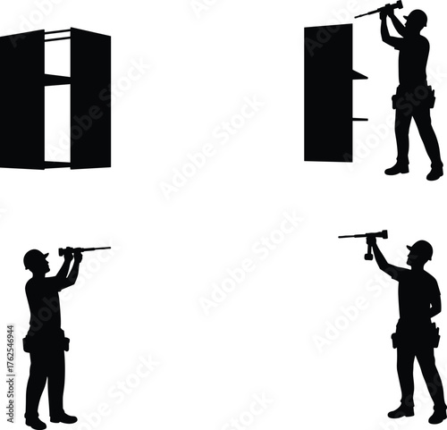 Cabinet assembly illustration, construction worker, power drill, screwdriver use, wall cabinet, safety helmet, carpentry process, furniture installation, repair work, training skills