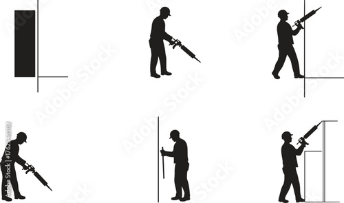 Cabinet assembly illustration, construction worker, power drill, screwdriver use, wall cabinet, safety helmet, carpentry process, furniture installation, repair work, training skills