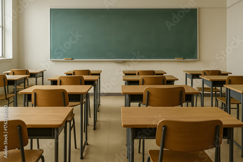Empty Classroom: Rows of school desks and chairs sit empty in a brightly lit classroom, with a clean blackboard at the front. It symbolizes a place of learning and knowledge, ready for the students.