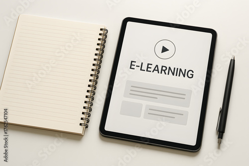 Digital Learning Setup: A modern workspace with an e-learning interface on a tablet, a spiral-bound notebook, and a sleek pen, suggesting the integration of technology and education.
