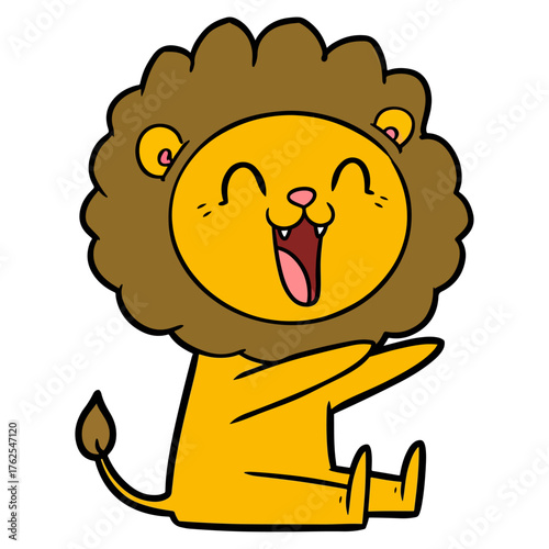 Joyful cartoon lion with a big laugh, sitting happily with open arms