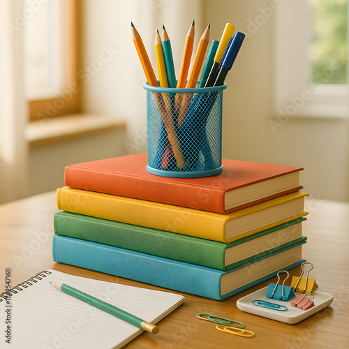 Stacked Stationery: A vibrant tableau of stacked books, colorful pencils, and essential stationery items arranged thoughtfully on a wooden surface, ready to inspire and create.