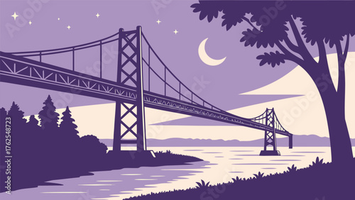 Moonlit Suspension Bridge Night Landscape