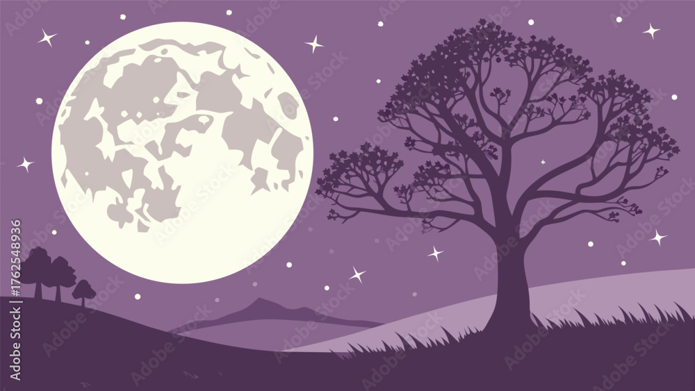 Fototapeta premium Moonlit Night Landscape with Silhouetted Tree and Stars