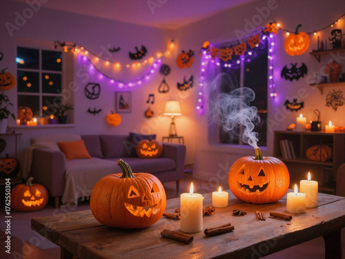 Cozy Halloween Night with Jack-o'-Lanterns and Spooky Decorations