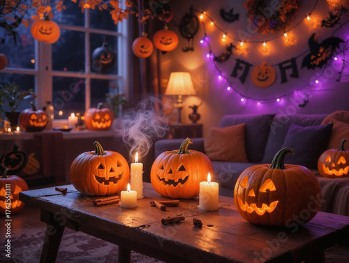 Cozy Halloween Living Room with Jack-o'-Lanterns and Festive Decorations
