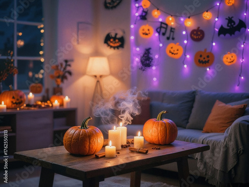 Cozy Halloween Night Decorations with Pumpkins and Candles