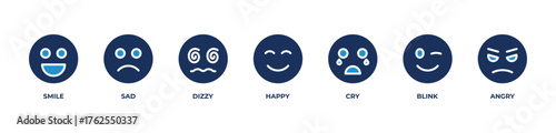 Mood Faces Icons set vector illustration blue with Smile, Sad, Dizzy, Happy, Cry, Blink, Angry