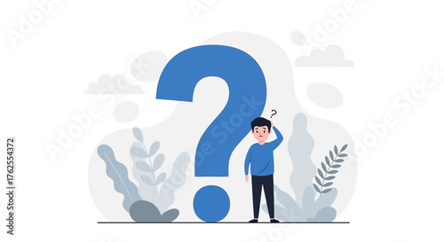 A confused person stands next to a giant question mark symbolizing uncertainty and the need for answers