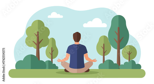 A man meditating outdoors in a park surrounded by trees and bushes, promoting relaxation and well-being