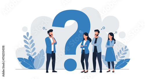 People standing around a large question mark, illustrating confusion, doubt, or seeking answers in a professional setting