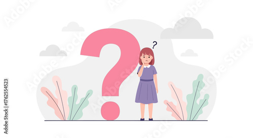 Confused girl with a large question mark symbolizing doubt and uncertainty