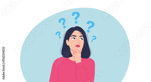 Illustration of a pensive woman with question marks floating above her head, representing confusion or contemplation