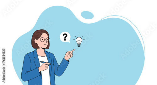 Businesswoman pointing at a lightbulb and question mark, symbolizing a new idea or solution