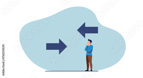 Conceptual illustration of a person contemplating opposing arrows representing choices, dilemmas, or contrasting directions
