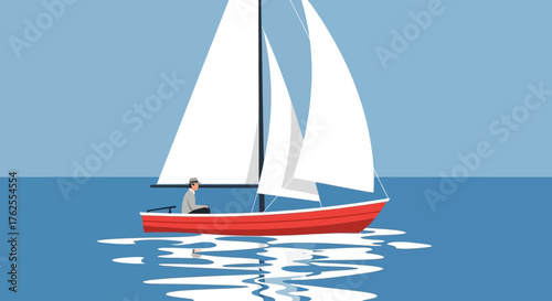 A single person sails a red sailboat across calm blue waters, casting a reflection below