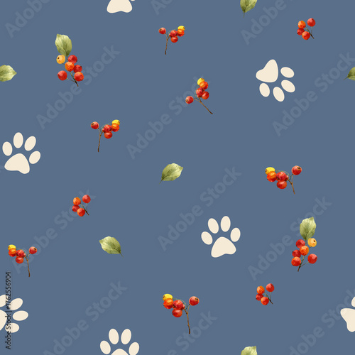 Seamless pattern with autumn berries, leaves and dog paws blue color