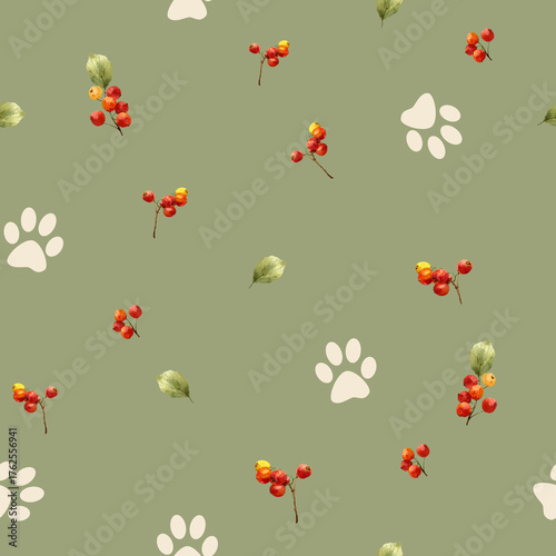 Seamless pattern with autumn berries, leaves and dog paws green color
