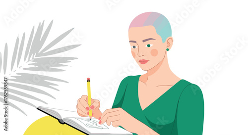 Woman with colorful hair writing in notebook.