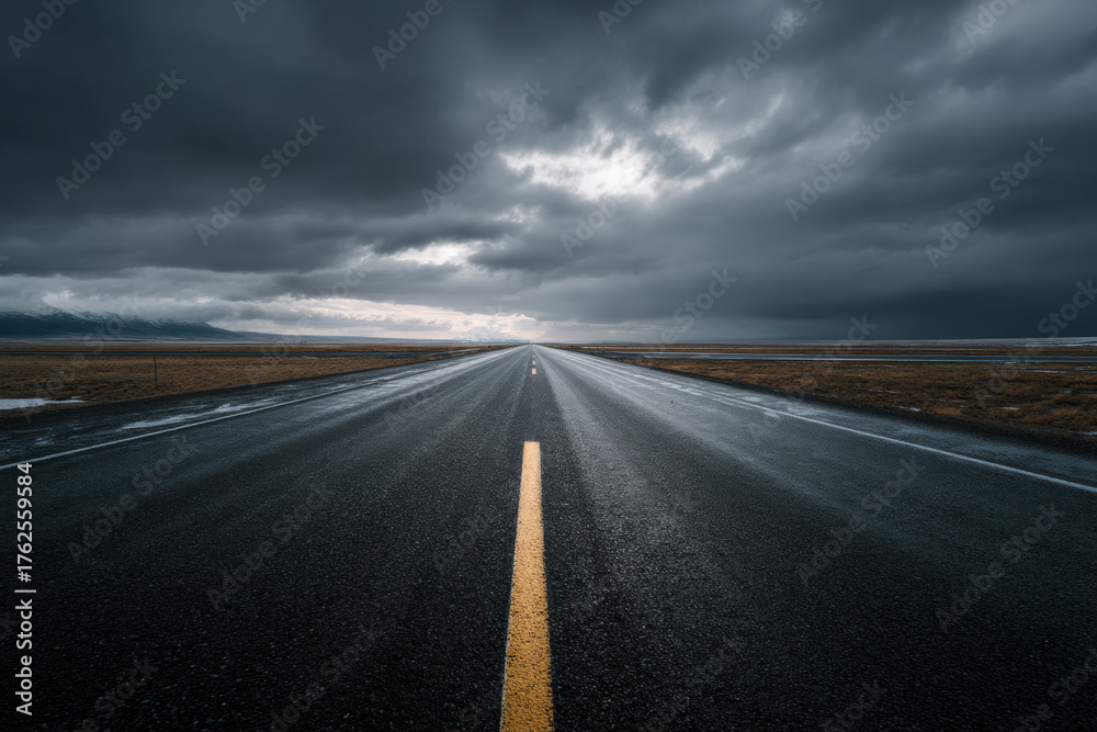 Naklejka premium A long asphalt road leading into a dark, moody sky after rain, capturing a cinematic atmosphere of solitude and journey — perfect for automotive or travel advertising backgrounds.