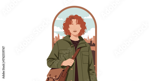 Young Person with Red Hair and Messenger Bag Standing Outdoors.