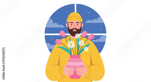Man Holding a Vase of Flowers by the Window.
