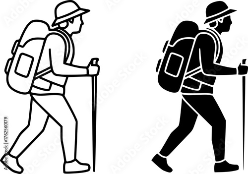 ofvs203 OutlineFilledVectorSign ofvs - person hiker backpack vector icon . isolated transparent . human . black outline and filled version . AI 10 / EPS 10 . g11543