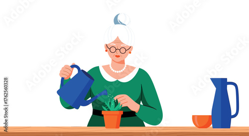 Elderly Woman Watering a Small Plant with a Blue Watering Can.