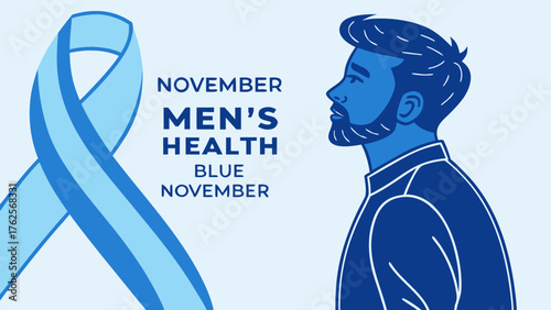 November men's health awareness month with blue ribbon and man illustration for prostate cancer awareness 100