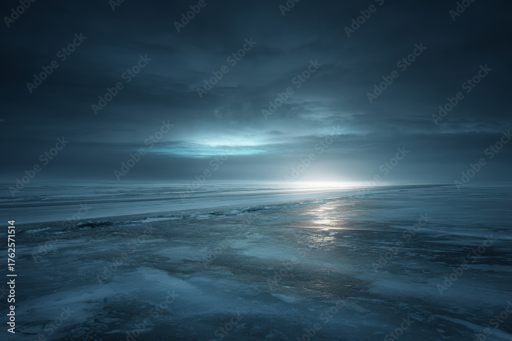 Fototapeta premium A surreal frozen pathway made of cracked ice blocks extending into the misty horizon, reflecting soft winter light — ideal for automotive, travel, or conceptual advertising backgrounds.