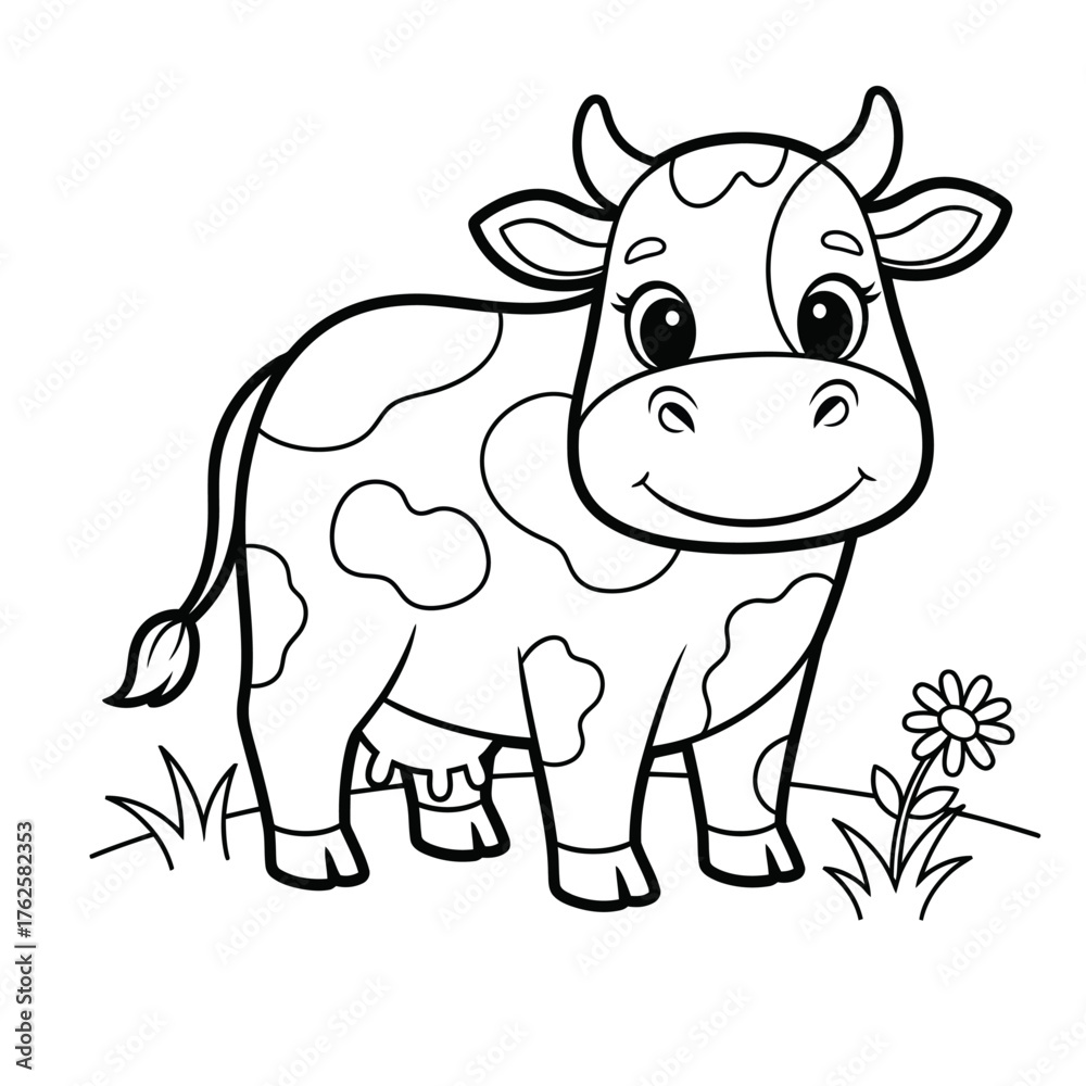 Naklejka premium Cute cartoon cow coloring book page. Black and white vector illustration for kids
