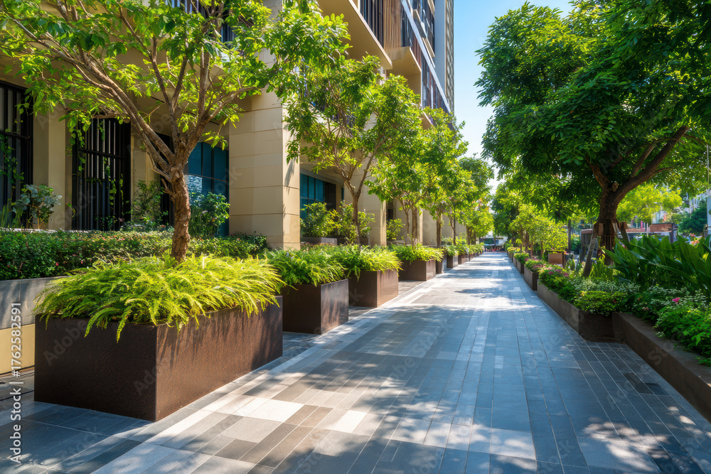 Fototapeta premium Contemporary glass building covered with lush vertical greenery under blue sky.