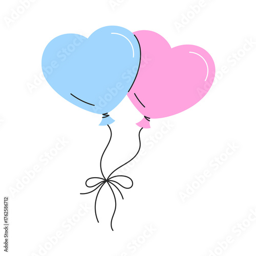 Vector illustration of two heart-shaped balloons tied by a bow in flat style.eps