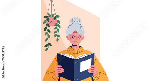 Elderly woman reading a book indoors with a plant.