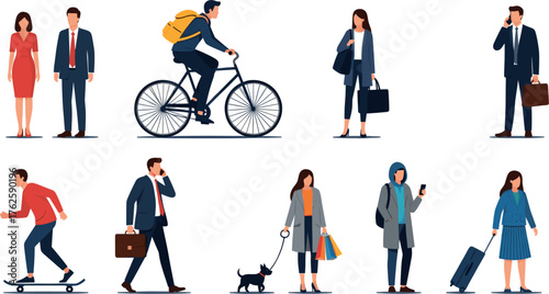 Diverse group of people engaged in various daily activities and commuting.