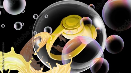 An abstract 3D-style animation featuring fluid golden waves and transparent bubbles floating in motion.